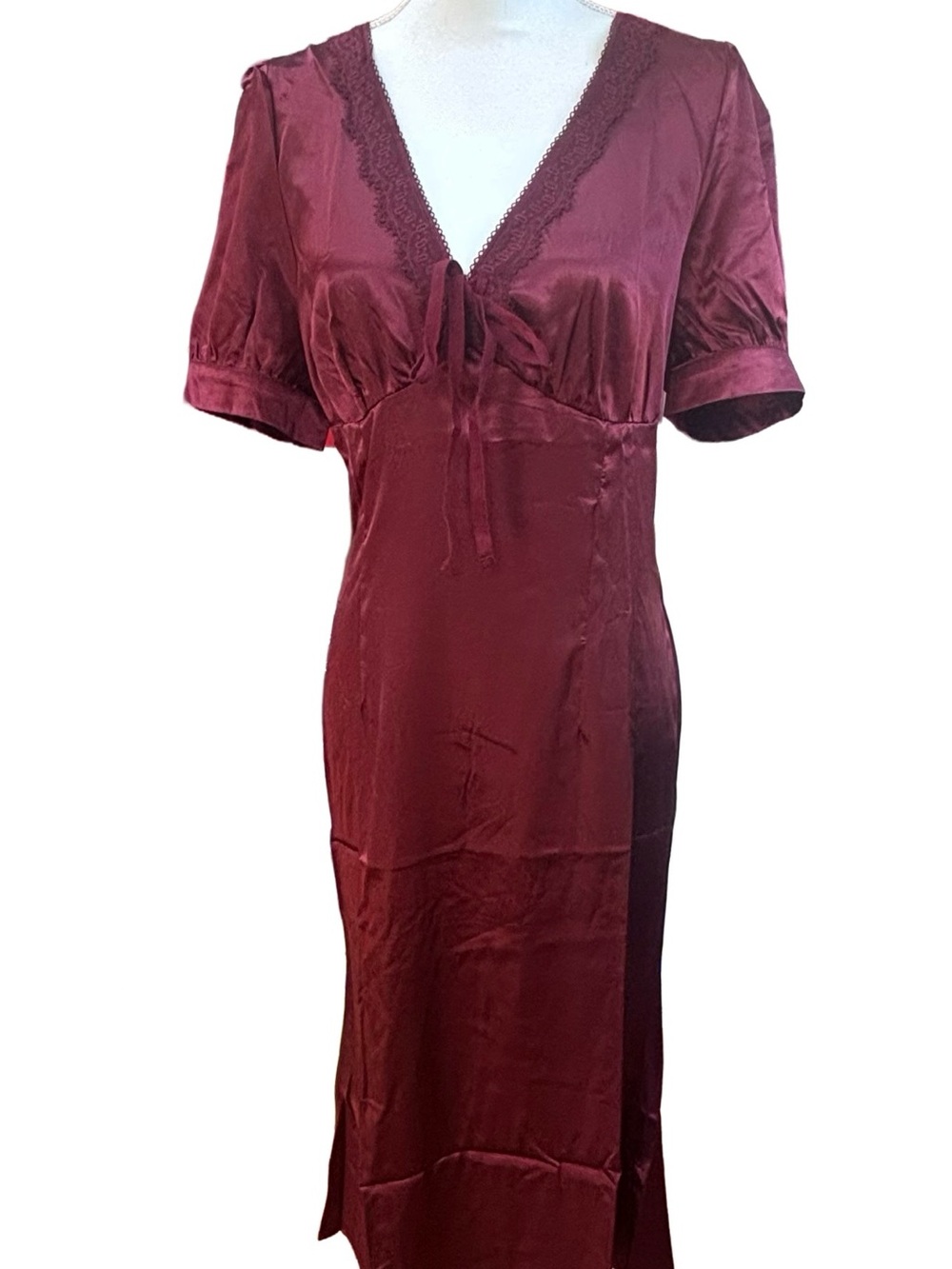Beautiful vintage inspired Satin Slip Dress with Lace Trim - Burgundy